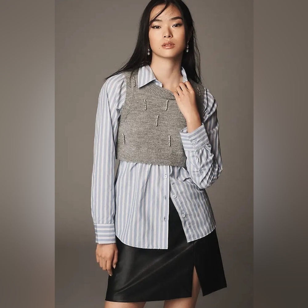 NEW! Anthropologie Maeve Embellished Crop Vest & Buttondown Twofer Top - 🐬🧢